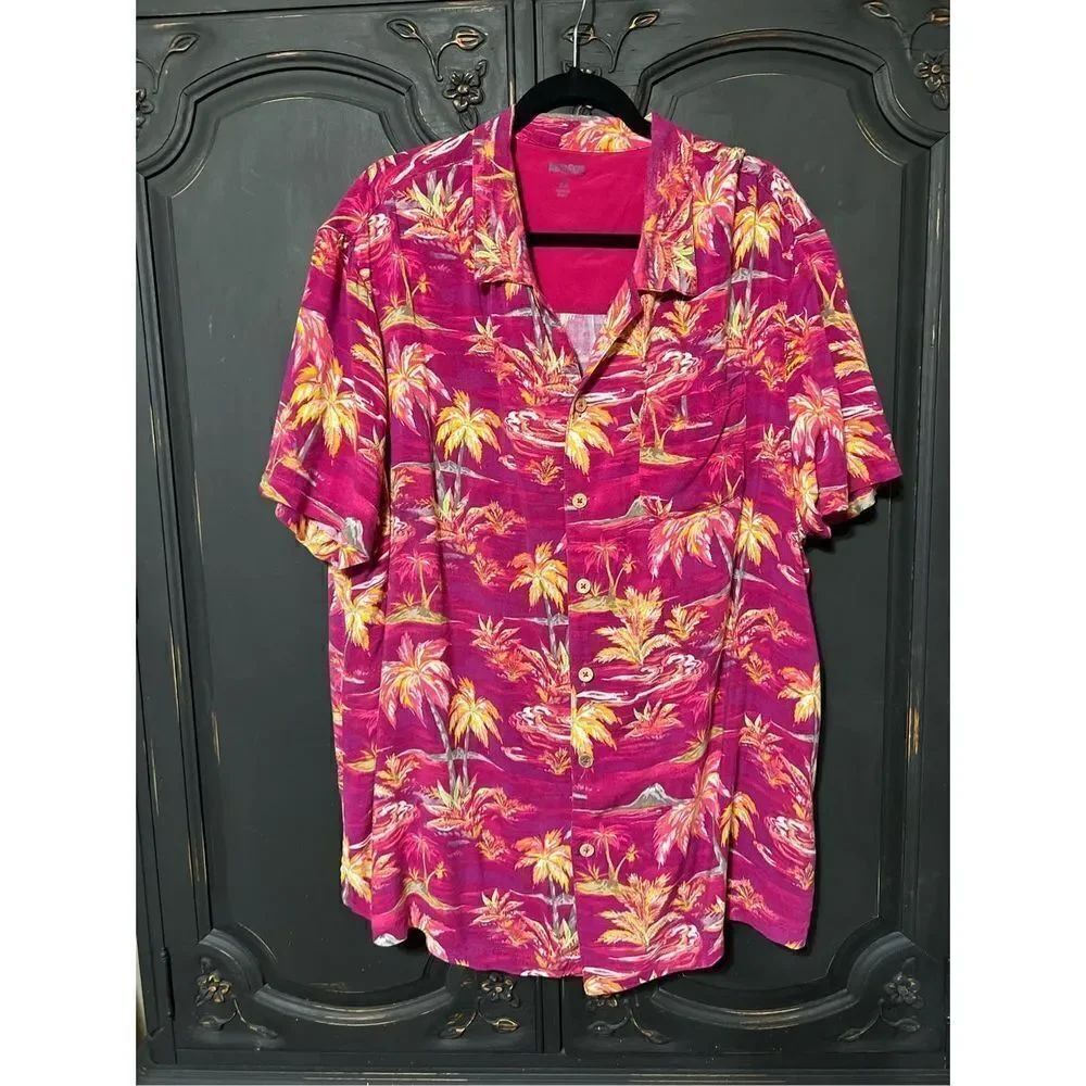 King Size Pink Hawaiian Short Sleeve Button Up Shirt Size 2X